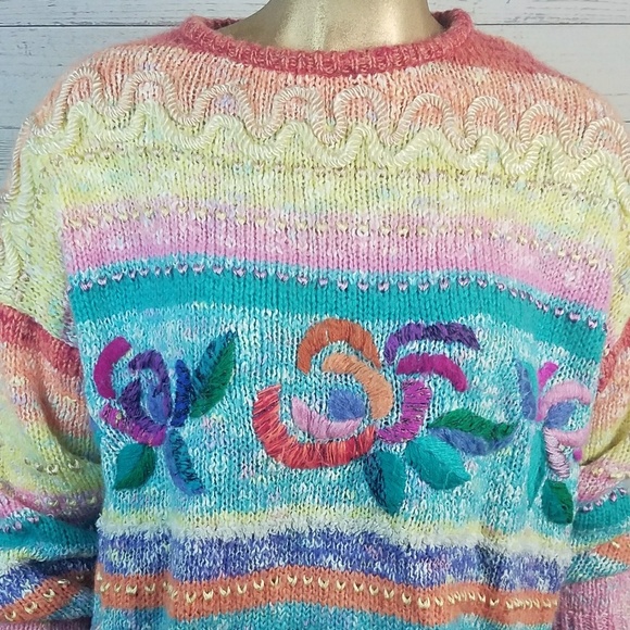 Vintage Floral Rainbow Chunky Knit Sweater - Picture 2 of 4